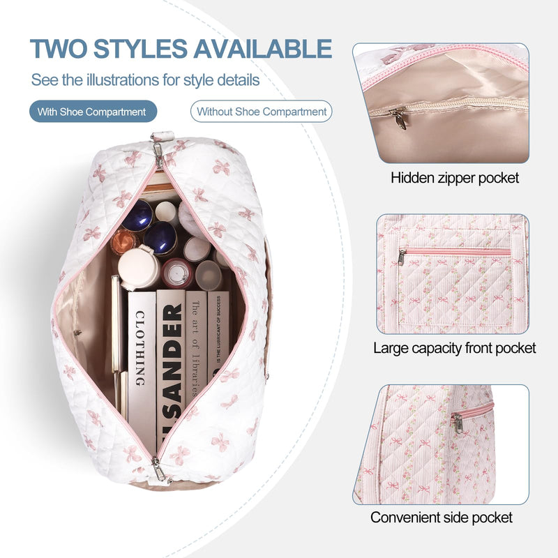 Gym Bag for Women, Cute Duffle Bag, Quilted Duffle Bag for Travel, Floral Duffle Bags, Weekend Bag with Zipper Pocket Dance Bag Organizer A-Striped Bow