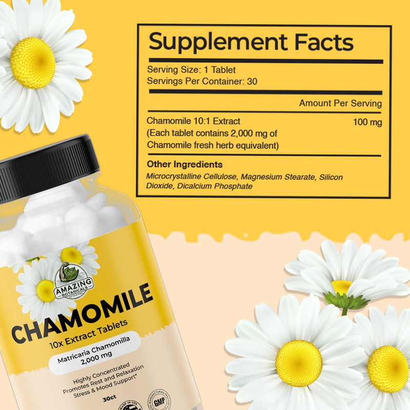 [Australia] - Organic Chamomile Extract Tablets - Matricaria Chamomilla Plant-Based Supplement - 10x Extract 2000 MG Each - Promotes Relaxation - 30 Tablets 