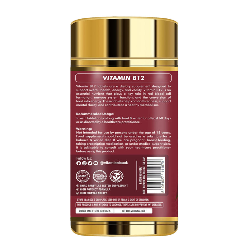 Vitaminnica Vitamin B12-180 Tablets – Energy & Vitality Support, Reduces Tiredness & Fatigue, Supports Nervous System & Red Blood Cell Formation