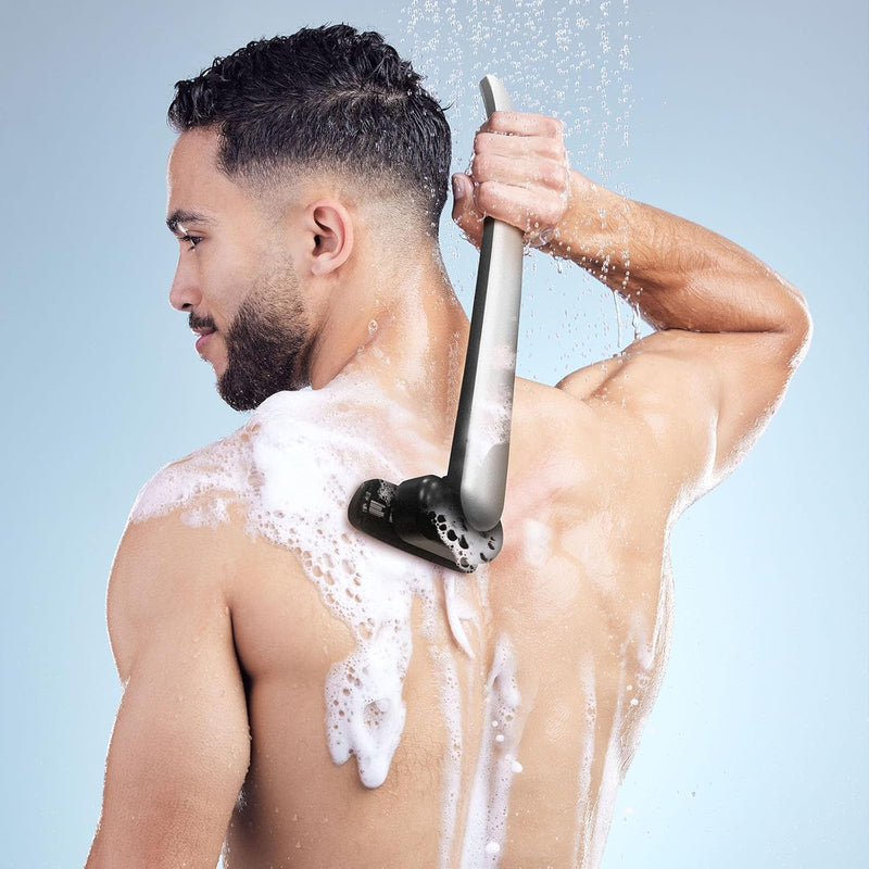 [Australia] - FLOVES men's back razor - 3 magnetic replacement razors, razor with 3-layer blades and swiveling shaving head, 39.5cm long handle, body hair trimmer for men (gold) (silver) silver 