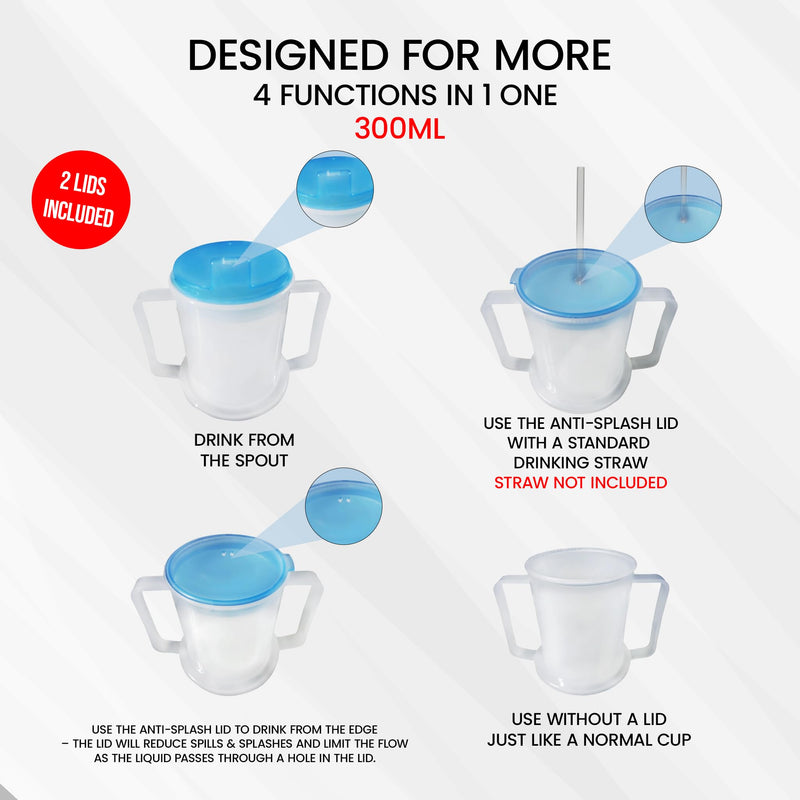 Set of Two Medisure Spill Proof Cups for Adults (300 ml) and Two Washable Adult Bibs for Elderly - Covered Drinking Cups for Adults, Waterproof Bibs for Elderly Eating, Senior Dining Aid