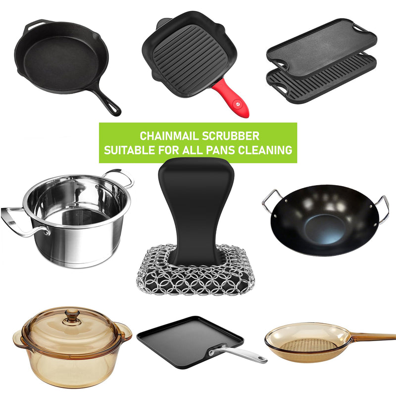 [Australia] - Cast Iron Scrubber & Scraper Kit, 316 Stainless Steel Cast Iron Skillet Cleaner Chainmail Scrubber for Cast Iron Pans Dish Scrub Brush Chain Link Scouring Pad for More Pot Cookware Cleaning Black 