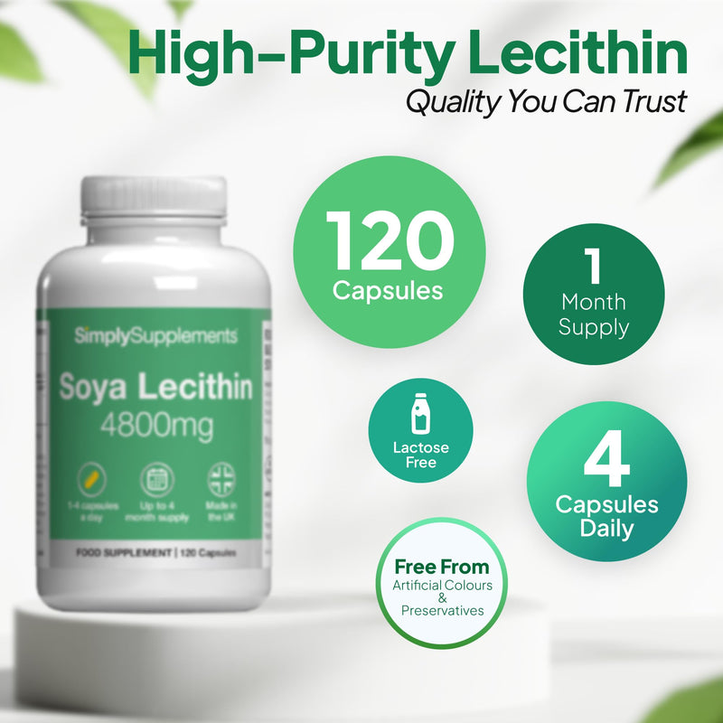 SOYA Lecithin 4800mg Capsules | High-Purity SOYA Lecithin | Contributes to Normal Cell Membrane Structure | 120 Capsules = Up to 4 Months’ Supply | UK Made | GMP-Certified 120 count (Pack of 1)