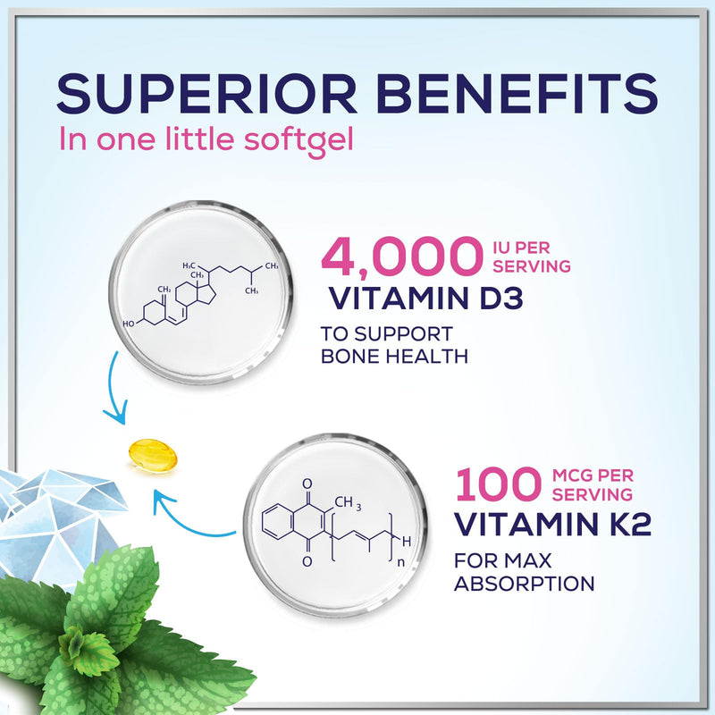 Vitamin D with K2 (MK-7) - Vitamin D3 4000IU (100mcg) Per Serving - D3K2 Complex Supplement for Bone, Teeth, Muscle, Calcium Absorption, Immune Support & Heart Health - Bottled in USA - 120 Softgels 120 Count (Pack of 1)