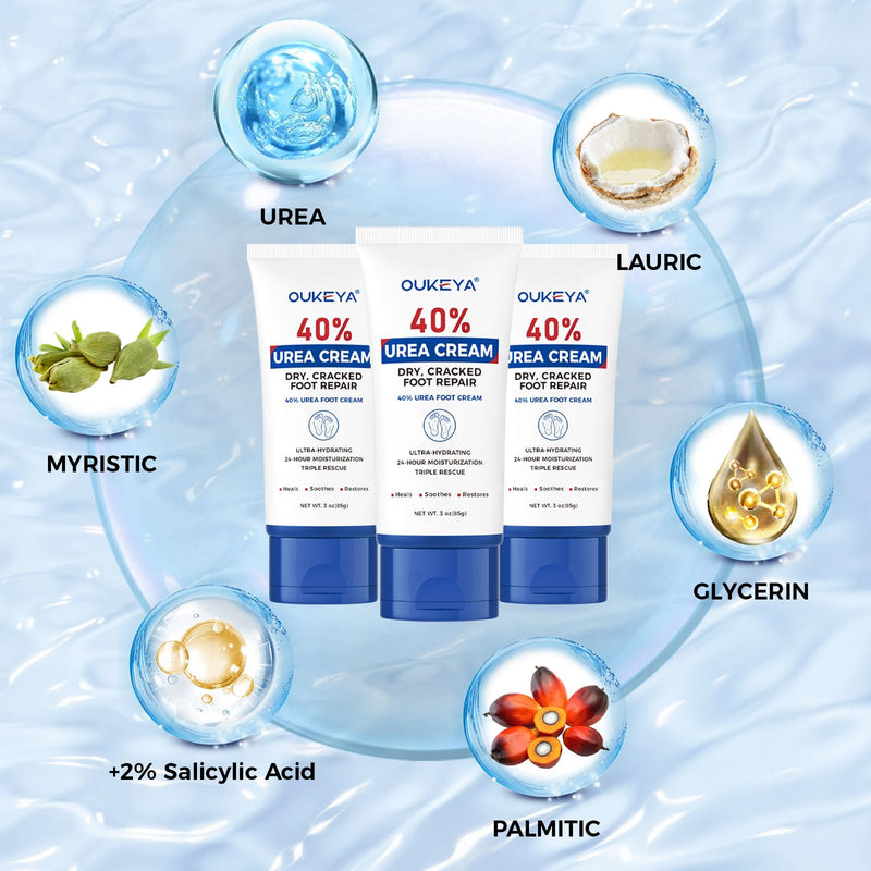 OUKEYA Urea Cream 40 Percent Tube 3 Oz, Urea Foot & Hand Cream for Dry Cracked, 40 per Urea Lotion for Feet Maximum Strength 3 Ounce(Pack of 3) | Moisturizing, Exfoliating, Softening, Feet, Heels, Elbows Knees, Non-Greasy, Fast-Absorbing