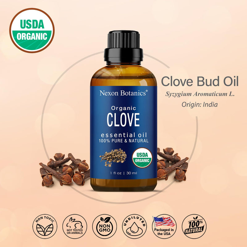 [Australia] - Organic Clove Essential Oil 30 ml - Pure, Undiluted Oil for Tooth Ache Ease - Soothes Sore Muscles - Clove Bud Essential Oil for Teeth, Gums, Toothache, Skin Use and Hair Care - Nexon Botanics 1 Fl Oz (Pack of 1) 