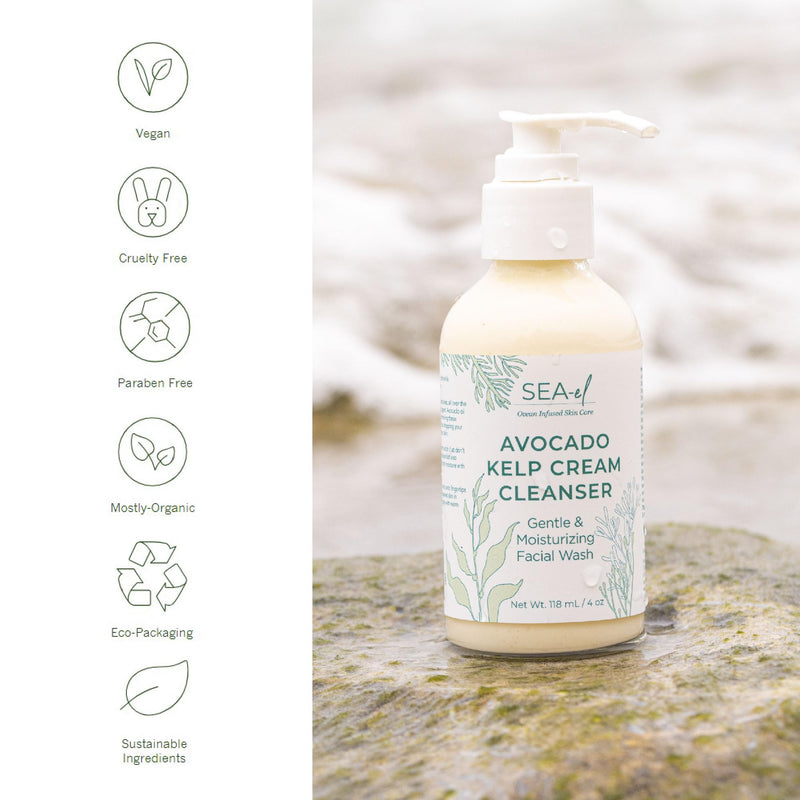 Sea-El Avocado & Kelp Cream Cleanser Non-Foaming Gentle Deep Cleanse to Purify Tone & Firm - Moisturizing Natural Face Wash for Women & Men - 4 Oz 4 Ounce (Pack of 1)