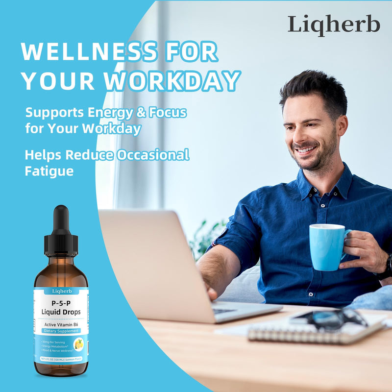P-5-P Liquid Drops 50mg, P5P Vitamin B6 (Pyridoxal-5-Phosphate), Supports Energy Metabolism, Mood & Nerve Wellness, Fast Absorption Formula, Lemon Flavor, Vegan Non-GMO, 4 Fl Oz