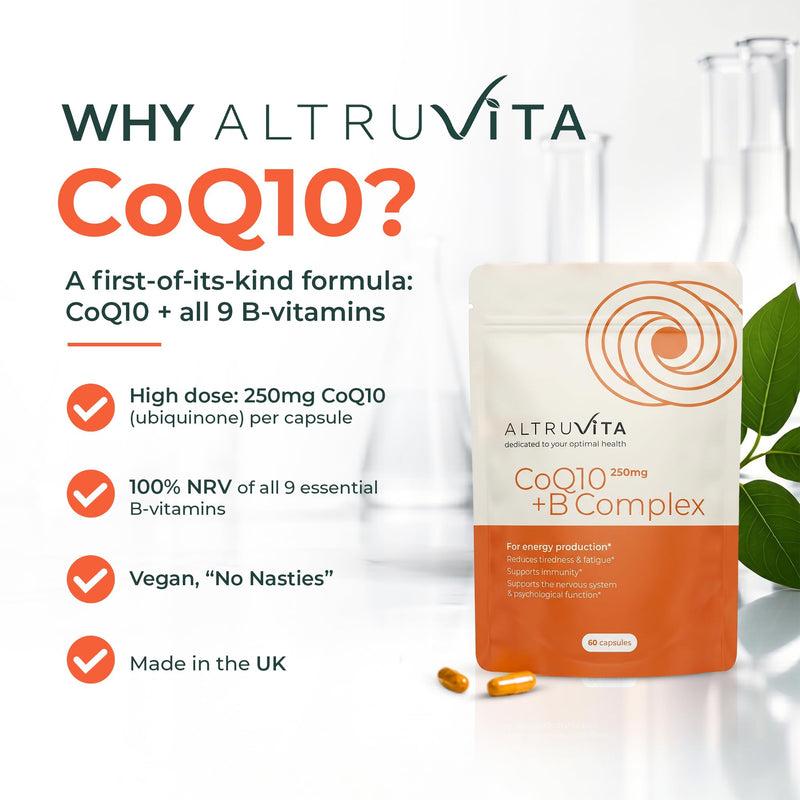 CoQ10 250mg + B Complex - Q10 Coenzyme Ubiquinol with All 9 B Vitamins - High Strength Energy & Heart Support - Evidence-Based Formula for Cellular Health & Vitality, 60 Capsules