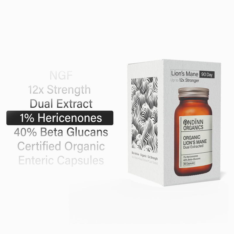 Organic Lions Mane Supplement | 12X Strength | NGF | 3 Month Supply | Dual Extract | Soil Association Certified | 1% Hericenones | 40% Beta-Glucans