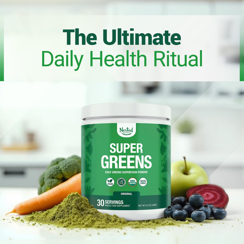 [Australia] - Nested Naturals Super Greens Daily Superfood Powder - Certified USDA Organic Green Powder w/20+ Whole Foods, Spirulina Powder,Wheat & Barley Grass - Probiotics, Fiber & Enzymes - Original Flavour, 30 Original (30 Servings) 