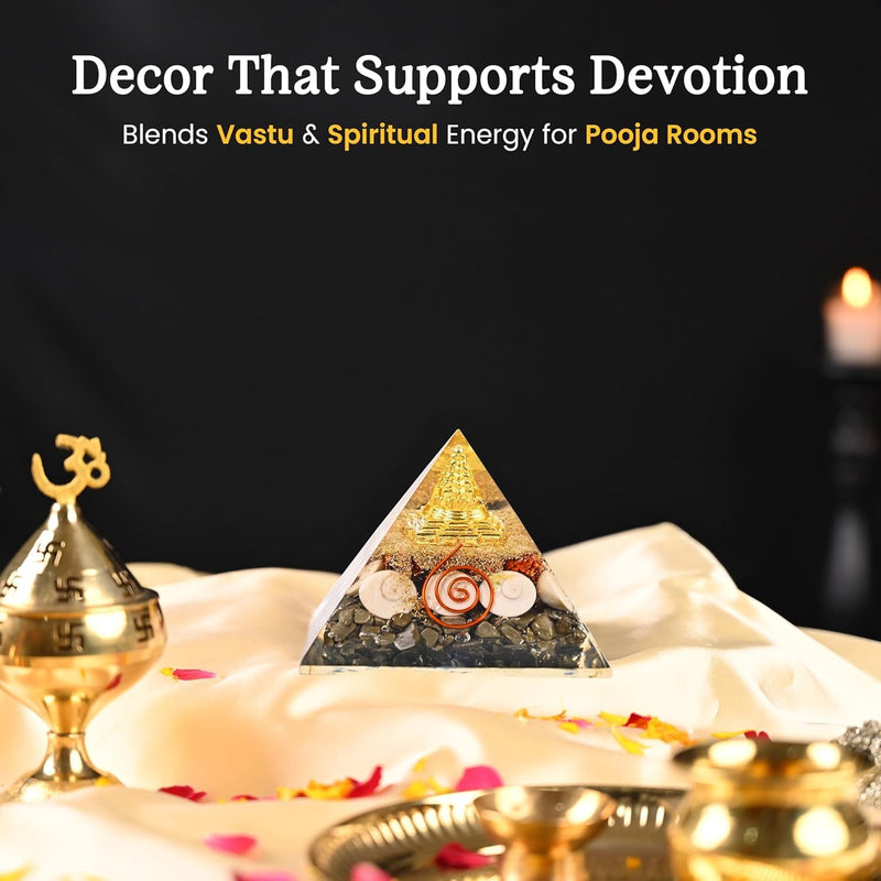 EDMIRA Money Magnet Pyrite Pyramid with Rudraksha & Gomati Chakra, Shree Yantra Vastu Feng Shui Crystal Pyramid for Wealth, Prosperity, Positive Energy, Reiki Healing, Home & Office Decor