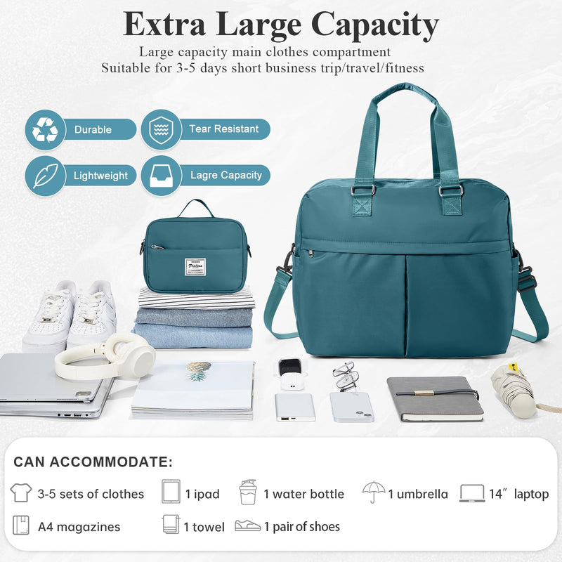 Expandable Personal Item Travel Duffle Bag Weekender Bag for Women Men, Overnight Hospital Carry On Bag with Toiletry Bag for Airplanes Travel Business Trips Sport, Peacock Blue
