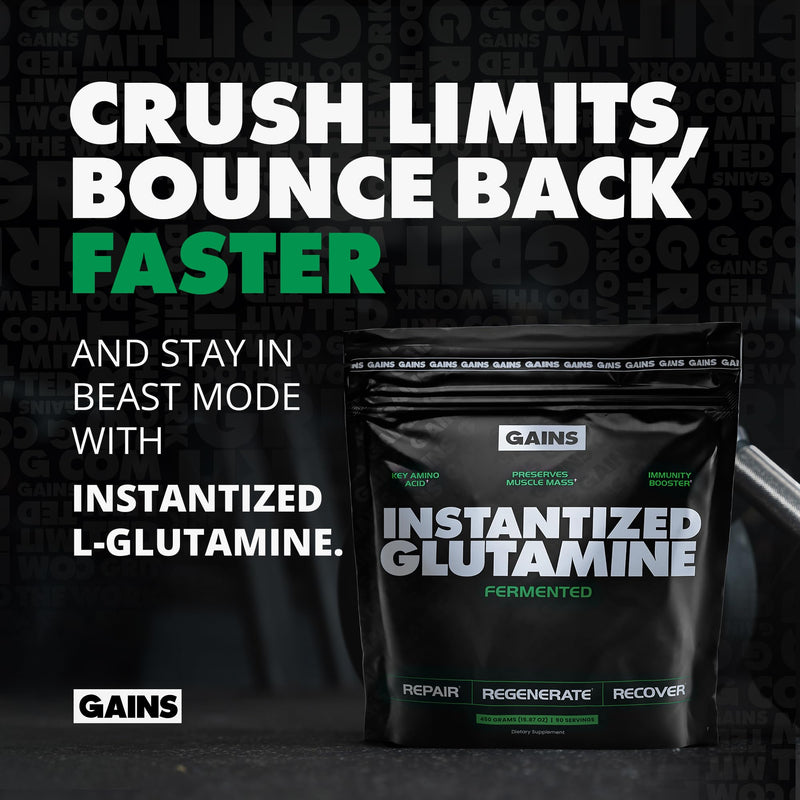 [Australia] - Gains in Bulk L-Glutamine, Gluten Free Glutamine Powder for Muscle Recovery and Growth, Post Workout Support, Amino Acid Supplement, Promotes Protein Synthesis, Non GMO, Unflavored, 90 Servings 