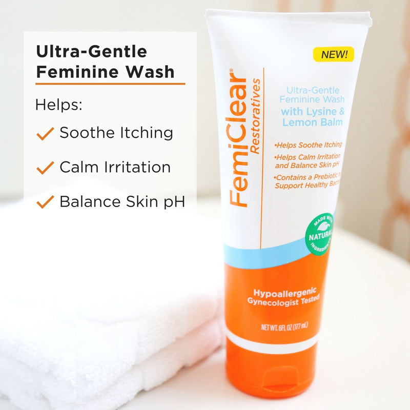 [Australia] - FemiClear® Restoratives Ultra-Gentle Feminine Wash, Made with Lysine & Lemon Balm, Natural Ingredients, Feminine Hygiene Products, Essentials for Vaginal Health (6FL oz) 