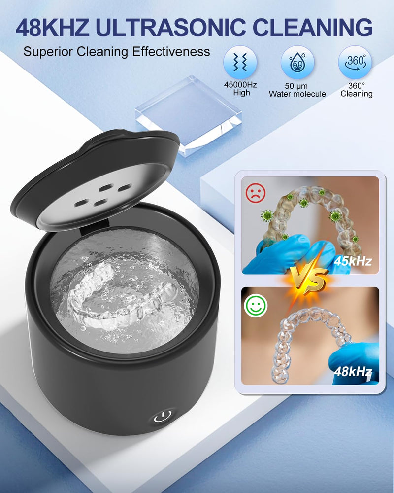 [Australia] - Ultrasonic Retainer Cleaner, 48kHz Denture Cleaner, Retainer Cleaning Machine for Denture, Retainer, Aligner, Jewelry, Mouth Guard, Brace, Toothbrush, Pacifier, Razor, 3 Modes Jewelry Cleaner 200ML Black 