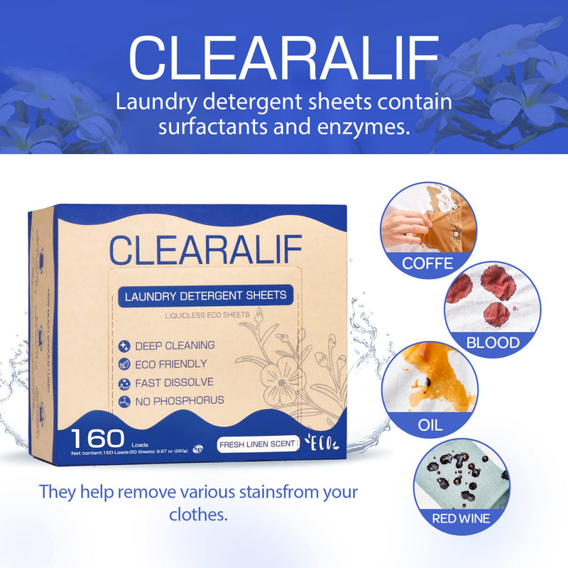 [Australia] - CLEARALIF Laundry Detergent Sheets Up to 160 Loads, Fresh Linen - Great For Travel,Apartments, Dorms,Laundry Detergent Strips Eco Friendly & Hypoallergenic 160 Count (Pack of 1) 