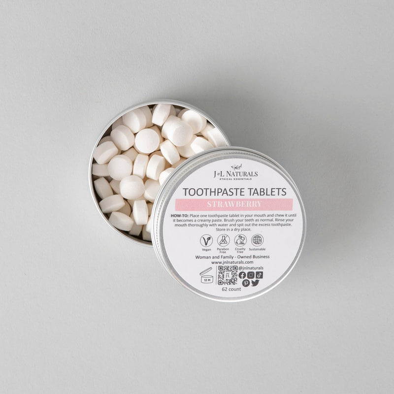 [Australia] - J&L Naturals Toothpaste Tablets | 62-Pack Travel-Friendly Toothpaste | Fluoride + Plastic Free, Vegan, Cruelty Free, Sustainable | Woman-Owned Small Business (Strawberry, 62 Count (Pack of 1)) Strawberry 62 Count (Pack of 1) 