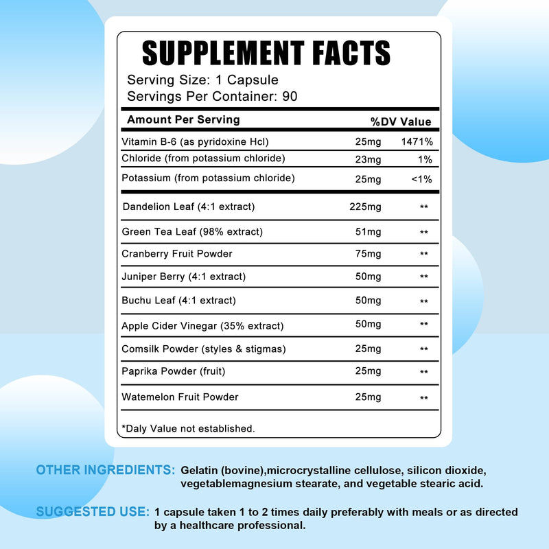 Diuretic Water Retention Capsules for Weight Control, Water Detox, Water Balance Support,12 Herbal Extract, Instant Relief from Bloat and Swelling for Women & Men, Lymphatic Drainage 90 Vegan Capsules
