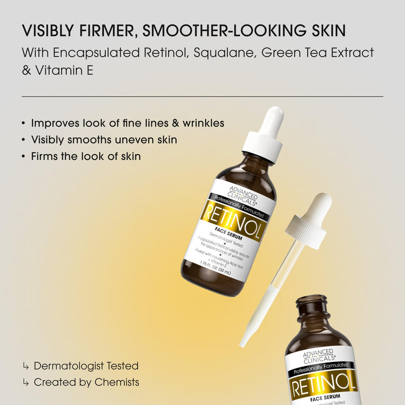 Advanced Clinicals Retinol Serum For Face | Visible Anti Aging Retinol Serum Skin Care Face Moisturizer With Vitamin E Helps Improve Look Of Wrinkles, Fine Lines, & Uneven Skin Tone, 2-Pack 1.75 Fl Oz (Pack of 2) Retinol Face Serum