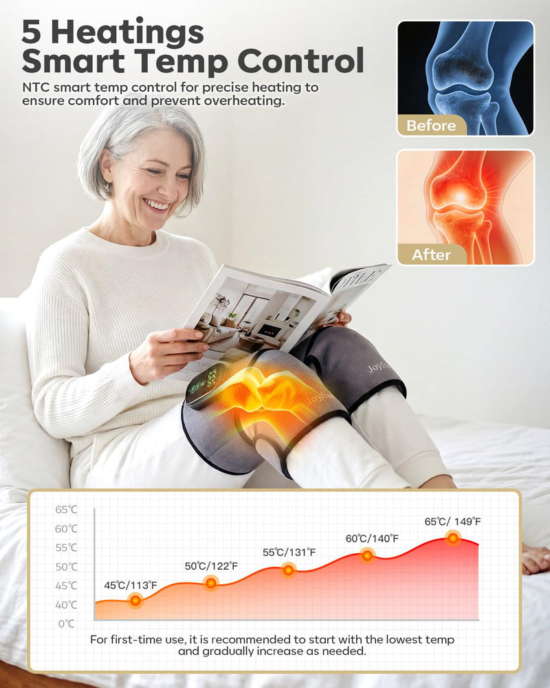 Knee Massager with 5 Heat and 5 Vibration Cordless Knee Heating Pad | Heating pad for knee 1-Pack portable heated knee massager brace with extension strap for elbow, shoulder, gift for women men 01 Grey