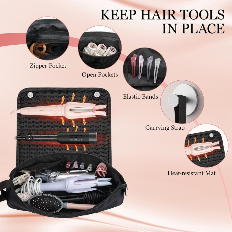 [Australia] - Dadanism Hot Hair Tools Travel Bag with Heat Resistant Mat Removable, Hair Accessories Organizer Case, Women Travel Essentials, Storage Pouch for Curling Iron Straightener Flat Iron HairDryer, Black 
