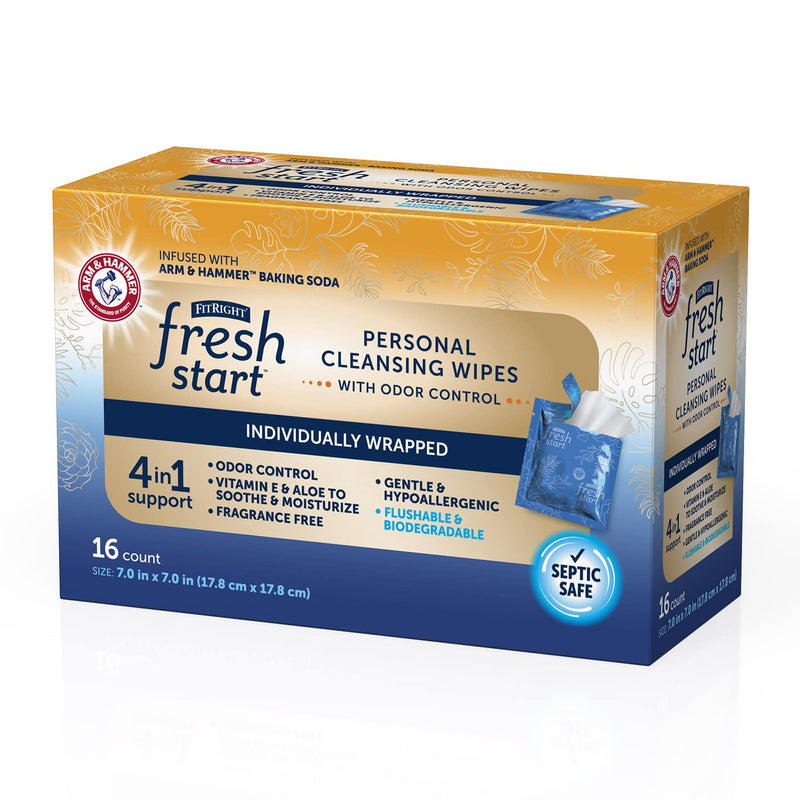 [Australia] - FitRight Fresh Start On-The-Go Flushable Wipes (48 Count), Personal Cleansing Wipes, Individually Wrapped Sachets for Urinary Incontinence with The Odor-Control Power of ARM & Hammer Baking Soda 