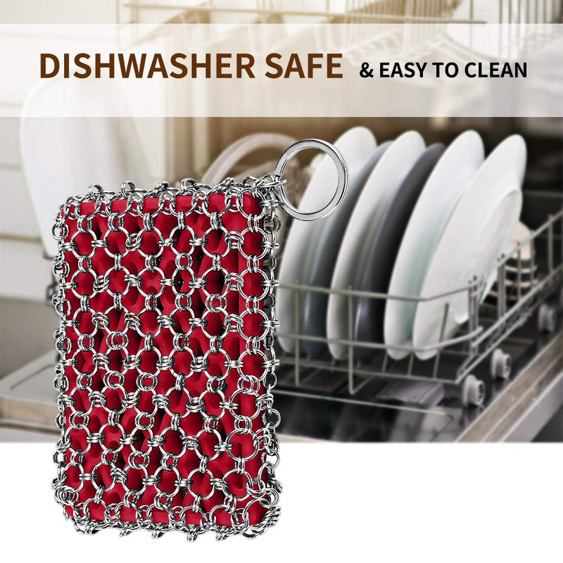 [Australia] - Herda 316L Cast Iron Scrubber Cleaner, Large Chainmail Scrubber for Cast Iron Pan - Chain Mail Scrubber Cast Iron Sponge - Metal Cast Iron Skillet Scrubber, Wok, Dutch Oven Cast Iron Cleaning Kit Red 