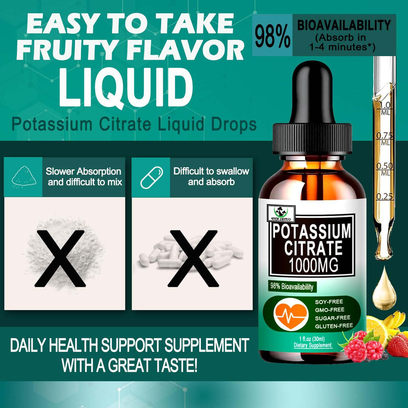 [Australia] - Potassium Citrate Liquid Drops,Potassium Supplement 1000mg Liquid Support Muscle Cramp Relief, Heart Health and Sleep,Highly Absorbable for Adults Women & Men, Vegan, 30 Servings 