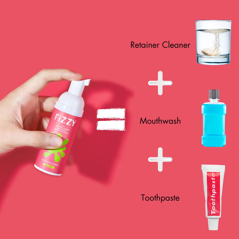 Fizzy 3-in-1 Foam Cleaner for Aligner, Retainer, Denture, Night Guard, MouthGuard, Invisalign | Free of Alcohol, SLS, Fluoride | Xylitol Mouthwash & Foam Toothpaste| Travel-Size Watermelon Jasmine