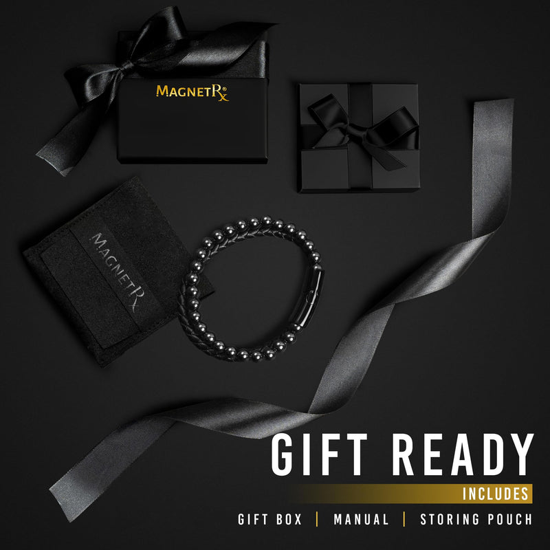 [Australia] - MagnetRX¬Æ Hematite & Leather Magnetic Bracelet ‚Äì Max Strength Natural Stones ‚Äì Beaded Magnetic Hematite Bracelets (Medium) Medium (Pack of 1) Leather Black 