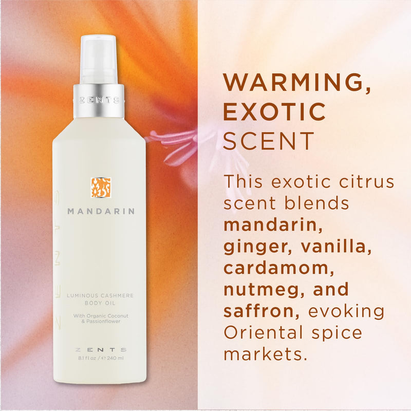 Zents Luminous Cashmere Body Oil (Travel Size - Mandarin Fragrance) 1 fl oz | Moisturizing Body Oil with Vitamin E & Organic Coconut Oil, Softens & Smooths Skin, TSA Approved Mandarin - Travel 1 oz