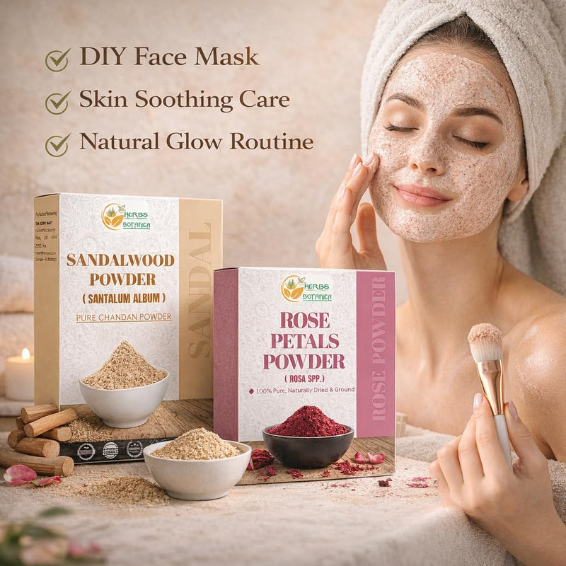 Herbs Botanica Sandalwood & Rose Petal Powder Combo Natural Powder Pack for Face Masks, DIY Beauty & Skincare 2 Packs Each 3.5 oz Finely Ground for Smooth Application