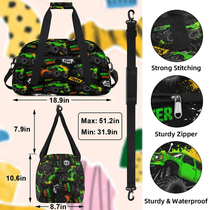 Gym Travel Duffle Bag for Boys - Green Monster Car Trucks Kids Overnighter Weekend Bag with Front Zipper Pocket for School Practice, Teens Carry-On Size Sleepover Bags Green Monster Trucks
