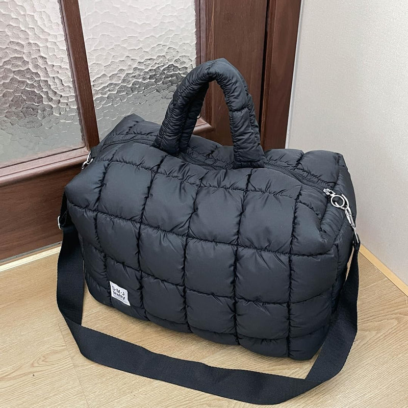 Puffer Tote Bag Quilted Duffle Bag for Women Puffy Crossbody Overnight Shoulder Handbag Large Weekender Bags Gym Travel Black