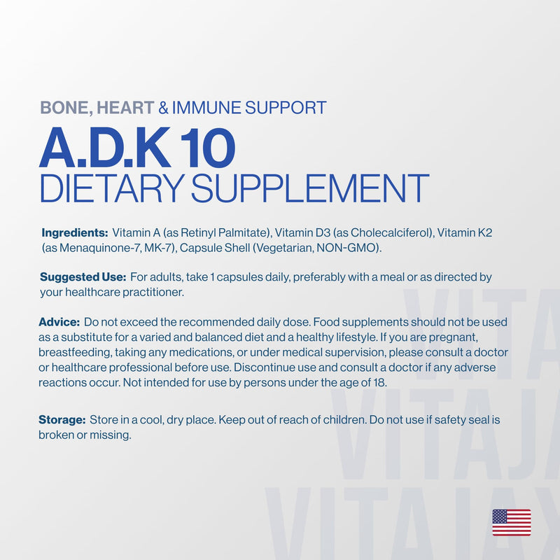 ADK 10 - Vitamin ADK Supplement, 180 Capsules - High Potency Vitamin A, D3(10,000 IU) K2 as MK-7 for Bone, Heart & Calcium Absorption – Non-GMO, Gluten Free (6 Month Supply) 2 Pack 90 Count (Pack of 2)