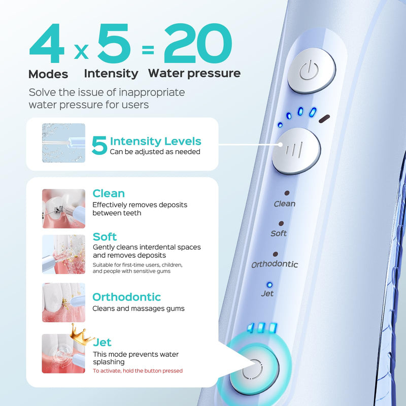COSLUS ADA Accepted C50 Water Dental Flosser, 4 Modes 5 Intensity Levels | Professional Water Teeth Pick for Braces, Orthodontics & Sensitive Gums, Compact Cordless for Family Home Travel, Blue