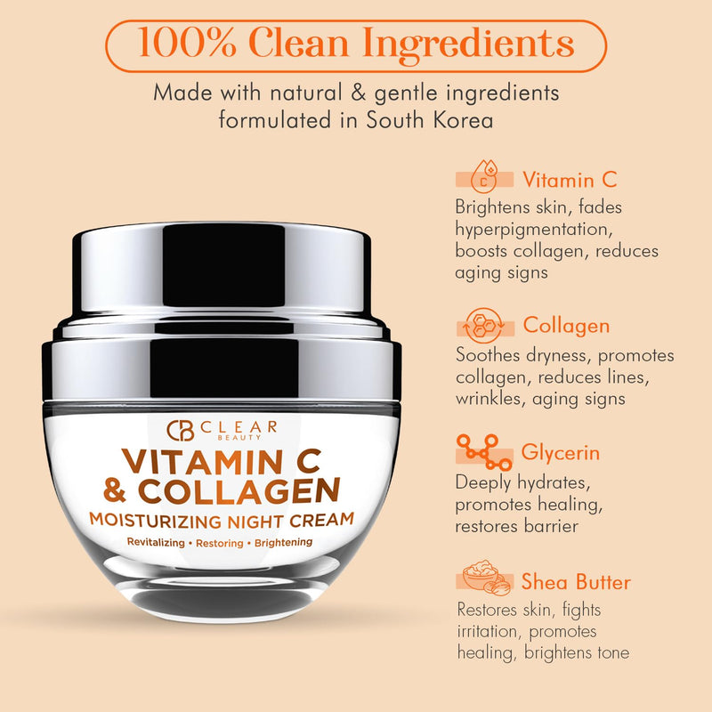 Clear Beauty Vitamin C & Collagen Face Moisturizer - Anti Aging Night Cream, Hydrates, Firms & Smooths Overnight - Dermatologist Tested, Korean Skin Care, Vegan, Clean Beauty - 1.69 Fl Oz