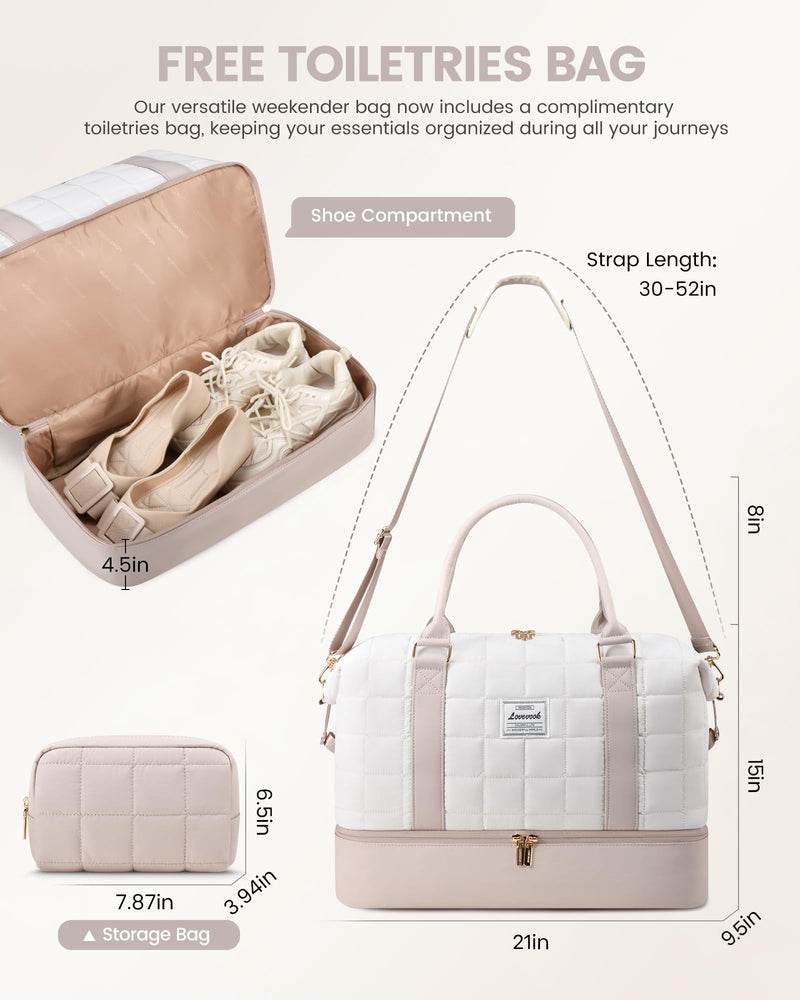 LOVEVOOK Travel Duffle Bag with Shoe Compartments - Carry on Overnight Bag & Weekender Bags for Women, Yoga Gym Bag with Wet Pocket, 2Pcs Set White/Nude X-Large