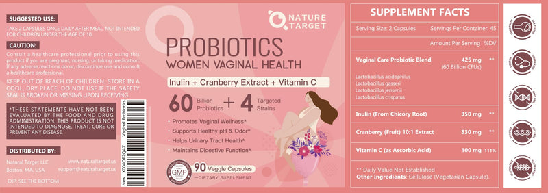 NATURE TARGET Vaginal Probiotics for Women pH Balance, 90 Vegan Capsules | with Prebiotics, Cranberry & Vitamin C, Support Odor Control, Flora Balance, Urinary & Digestive Health 90 Count (Pack of 1)
