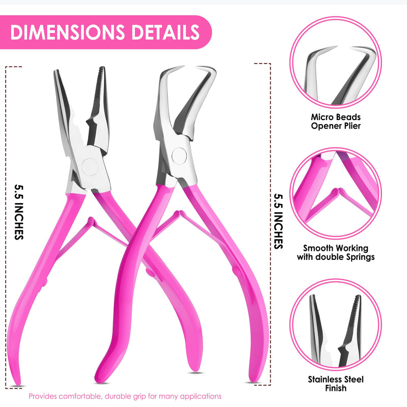 [Australia] - Beauty & Crafts Hair Extension Tools- Stainless Steel Pliers Set for Micro Beads- 1 Crochet Needle 1 Pulling Hook with Tail Comb- Micro Links Tool Kit with Leather Pouch- (Pink) Pink 