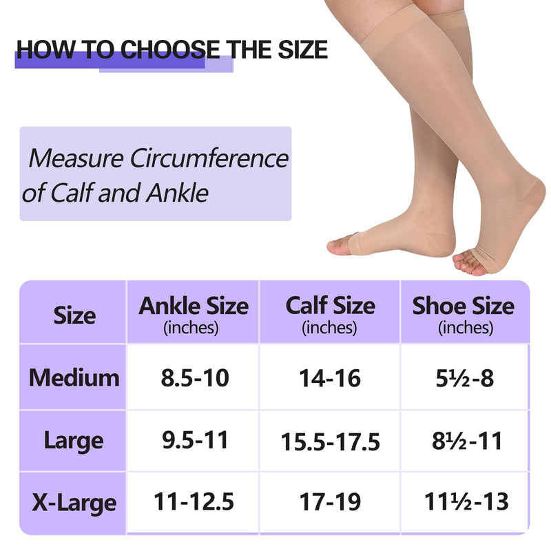 [Australia] - Sheer Compression Stockings for Women, 15-20 mmHg Knee High Circulation Support Stockings, Graduated Medical Compression Socks for Travel, Flight L Beige-Open Toe 