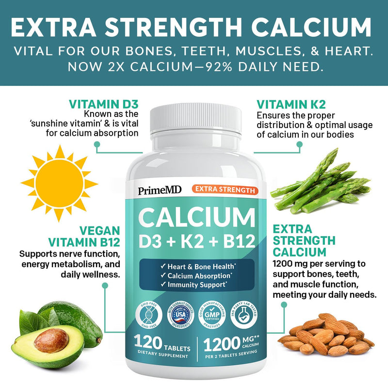 PrimeMD 4-in-1 Calcium 1200mg, Vitamin D3 K2 5000IU, Vegan Non-GMO, 120ct | Bone Health and Everyday Vitality Support, Extra Strength Calcium with Vitamin D3 and K2, Vegan, Non-GMO, Calcium Supplement 120 Count (Pack of 1)