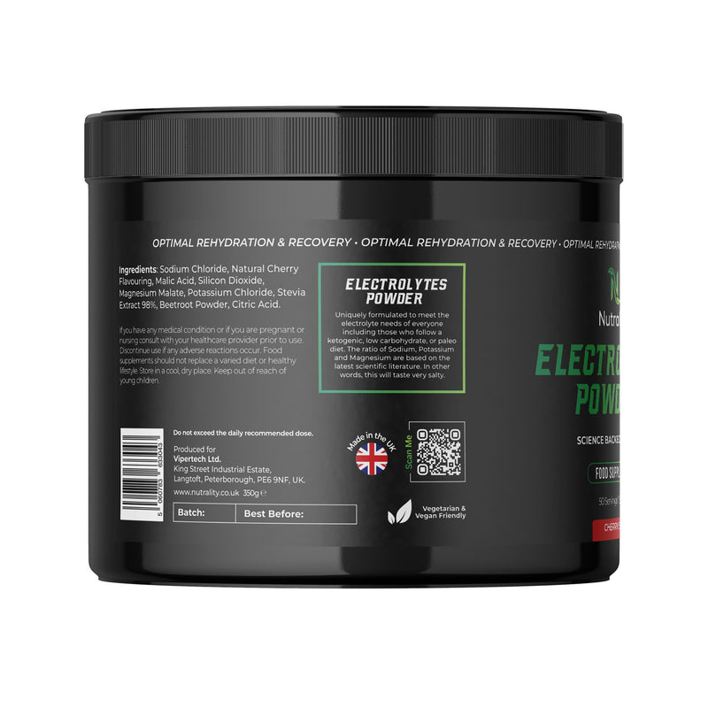 Electrolytes Powder 350g | Vegan | 50 Servings | Cherry | Sugar, Calcium & Artificial Flavour Free | Keto, Paleo Rehydration | 1000mg Sodium, 200mg Potassium & 60mg Magnesium