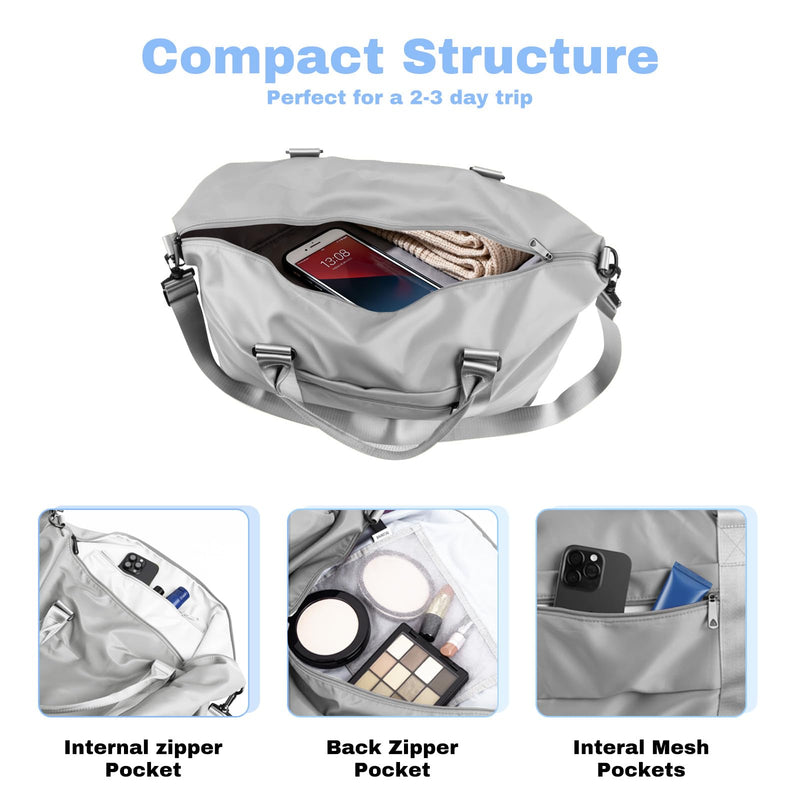 Travel Duffle Bag for Women, Carry On Weekender Tote with Trolley Sleeve | Waterproof overnight bag for gym, sports, hospital stays, labor and delivery; spacious carry-on design for short trips. Misty Grey