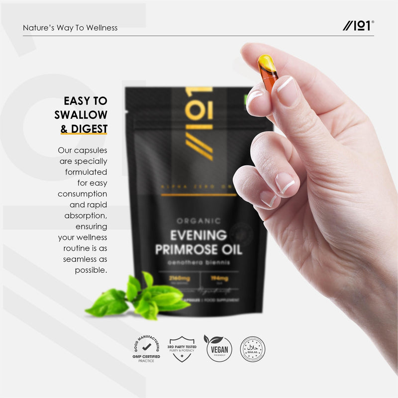Organic Evening Primrose Oil 2160mg – 195mg GLA – 120 Vegan Liquid Capsules – Cold-Pressed Rich Source of Omega 6 – Resealable and Recyclable Pouch by Alpha01 1 count (Pack of 120)
