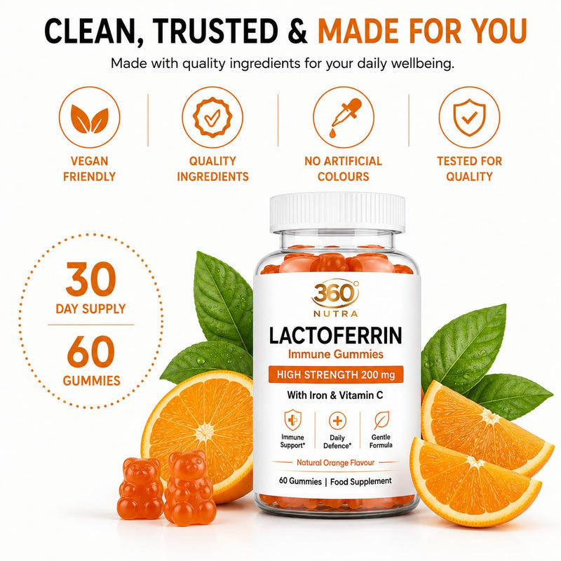 Lactoferrin Gummies 200mg – High Strength Chewable Lactoferrin – with Iron & Vitamin C – No Tablets – Orange Flavour – 60 Gummies (30 Day Supply) – Adults UK