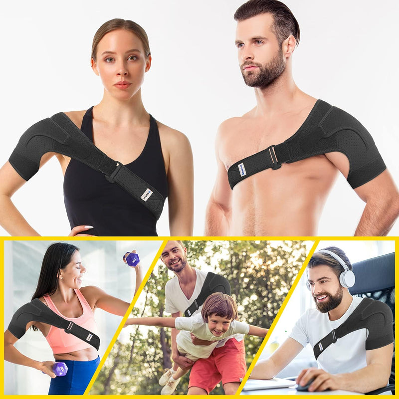 Suptrust Shoulder Brace for Men and Women: Adjustable Shoulder Wrap for Pain Relief, AC Joint, Torn Rotator Cuff, Injuries, Tendonitis - One Size Regular/Dark Black
