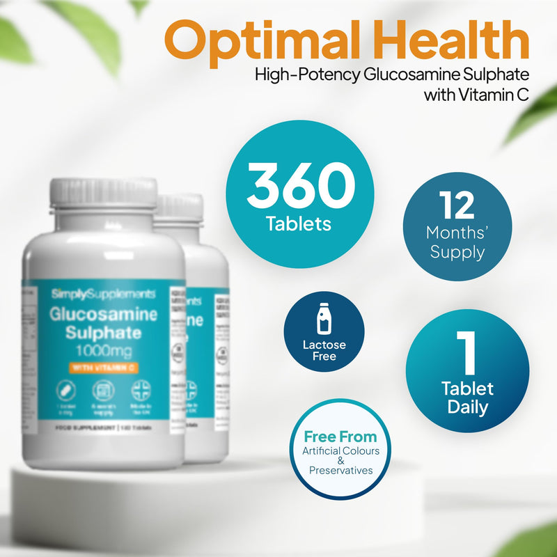 Glucosamine Sulphate 1000mg with Vitamin C | Premium-Grade Glucosamine | 180+180 (360) Tablets | Manufactured in The UK Unflavoured 180 count (Pack of 2)