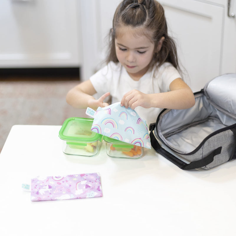 [Australia] - Bumkins Reusable Snack Bags, for Kids School Lunch and for Adults Portion, Washable Fabric, Waterproof Cloth Zip Bag, Supplies Travel Pouch, Food-Safe, 2-pk Unicorns and Rainbows G2 Unicorns & Rainbows-Sm Snack Bag 2-pk 